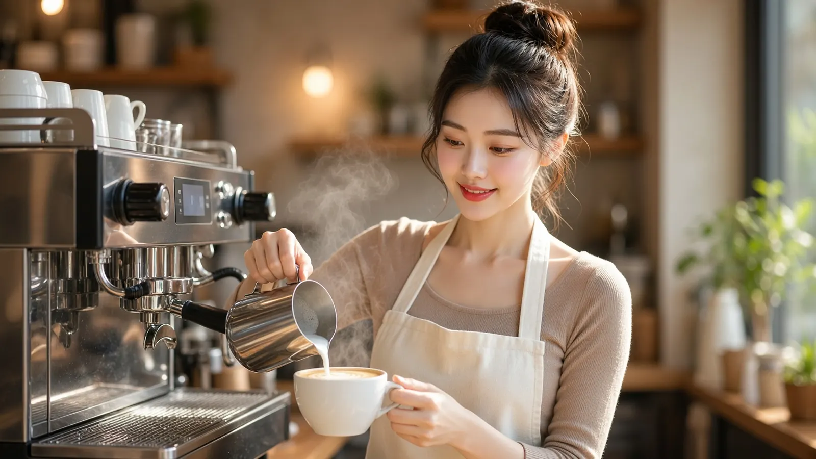 에스프레소 머신을 다루며 커피를 내리는 여성 카페 사장님