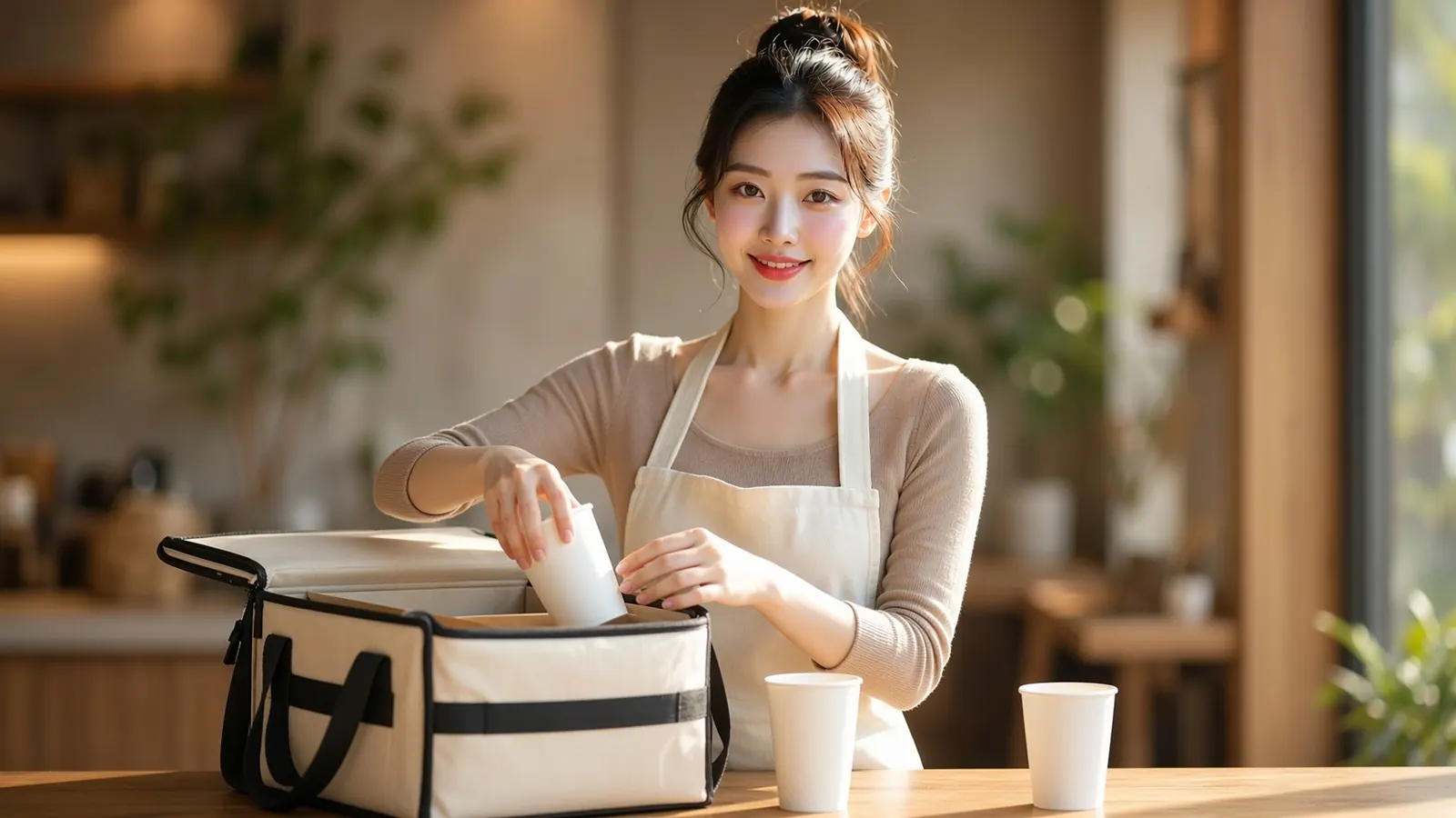 배달 포장을 정성껏 마무리하는 여성 카페 사장님