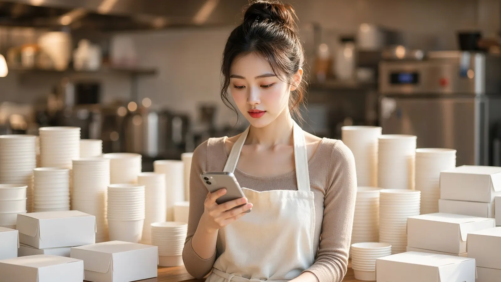 카페에서 바쁘게 일하며 리뷰 답글이 밀려 있는 사장님