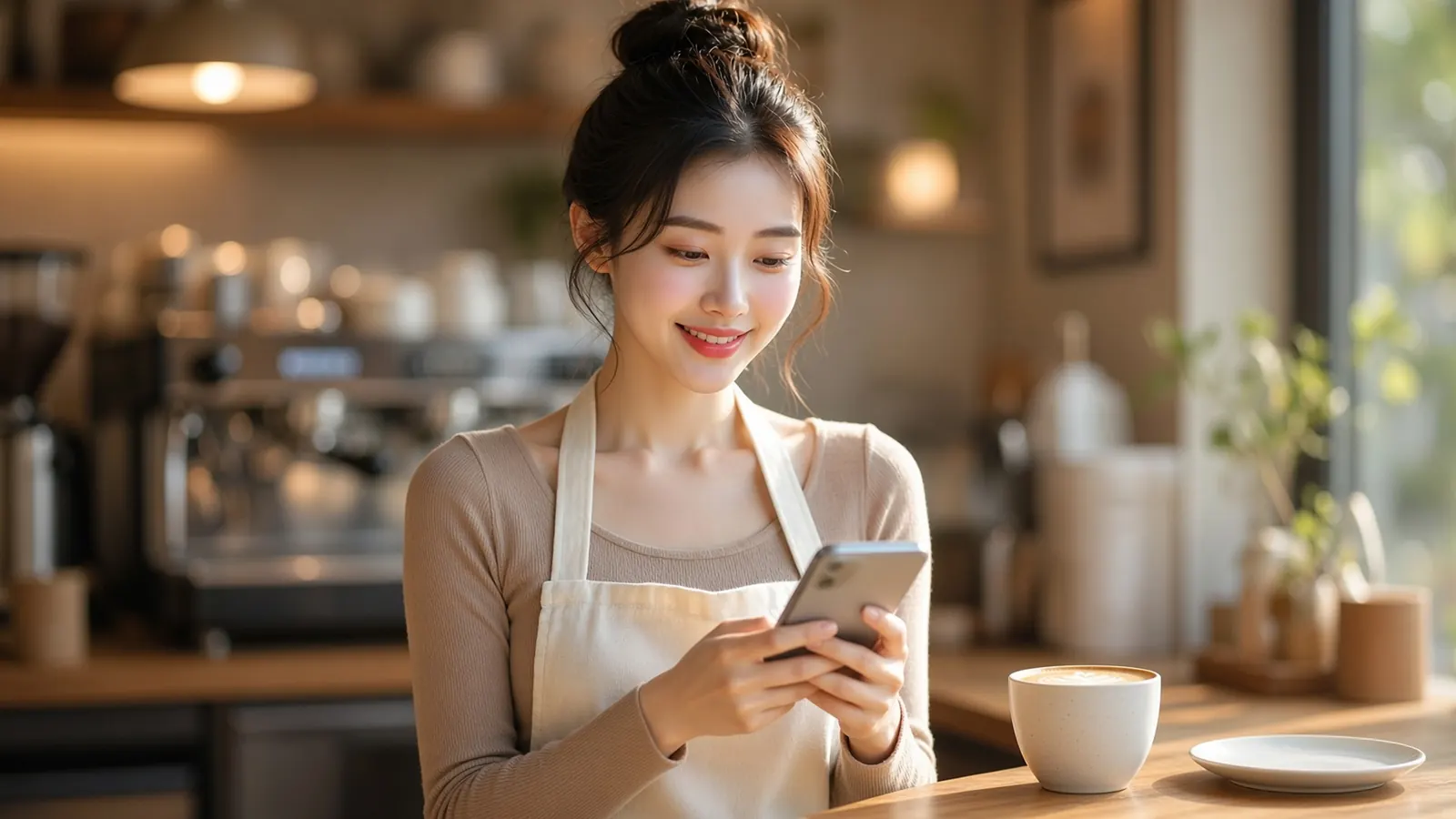 리뷰에 잘 답한 뒤 밝게 웃는 여성 카페 사장님