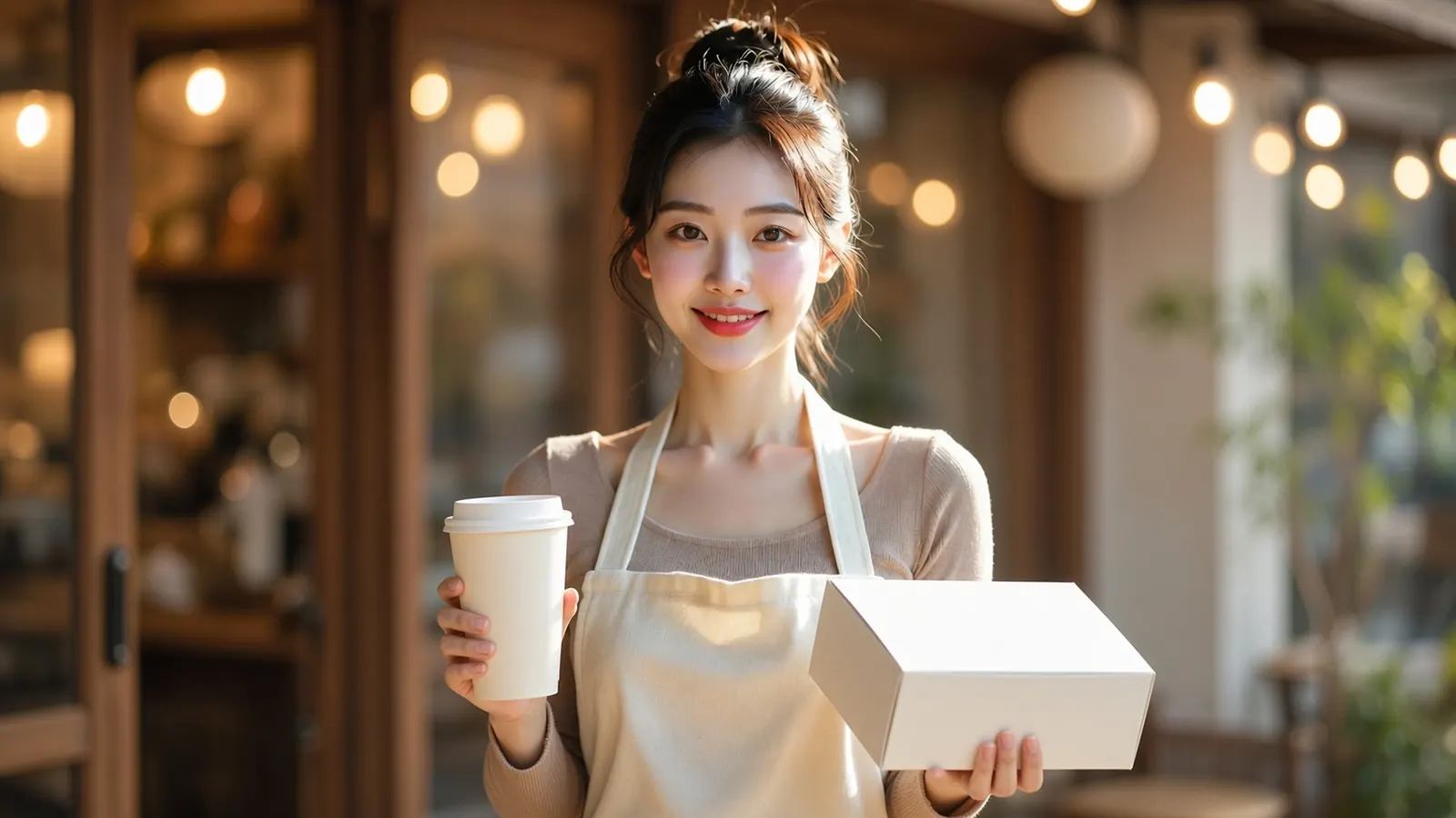 손님을 맞이하듯 환하게 웃으며 초대해 주는 여성 카페 사장님