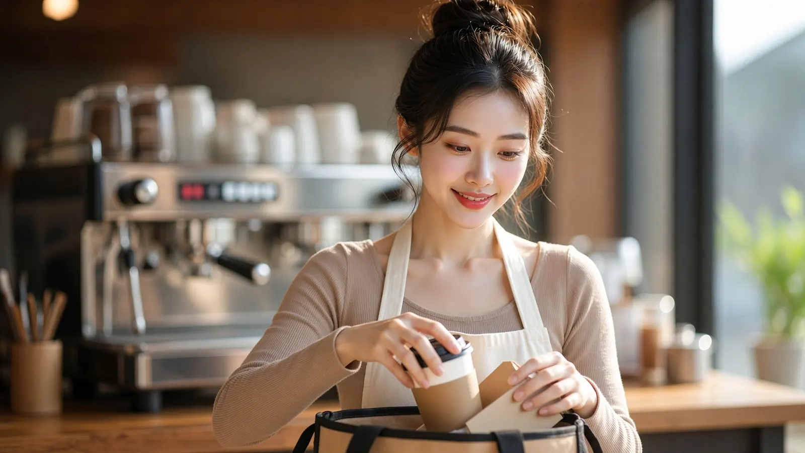 배달 포장과 커피 준비를 하며 바쁜 여성 카페 사장님