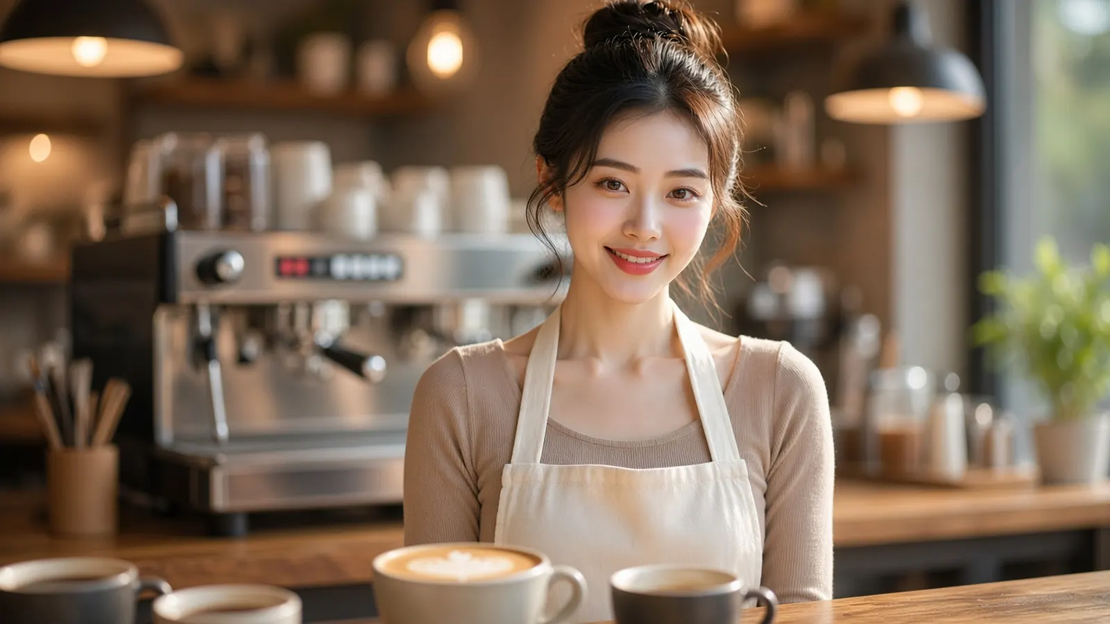 카운터에서 밝게 웃으며 손님을 맞이하는 여성 카페 사장님